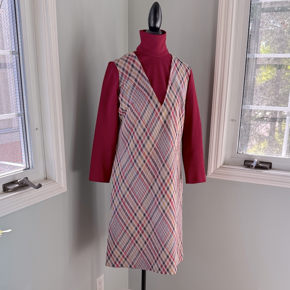 Vintage turtle neck two piece look plaid poly jumper‎ size Medium